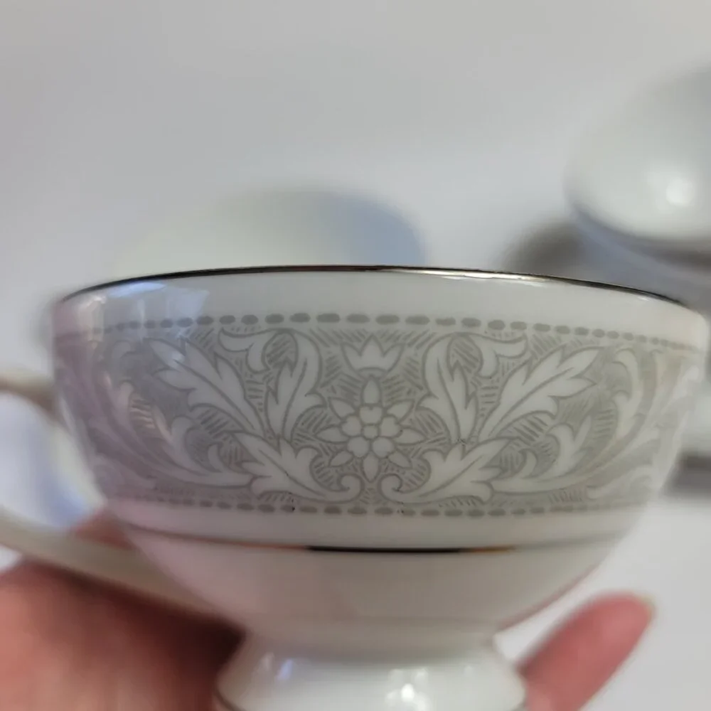 FOUR Imperial China Whitney Cup & Saucers White Gray Band Leaf Scrolls W. Dalton